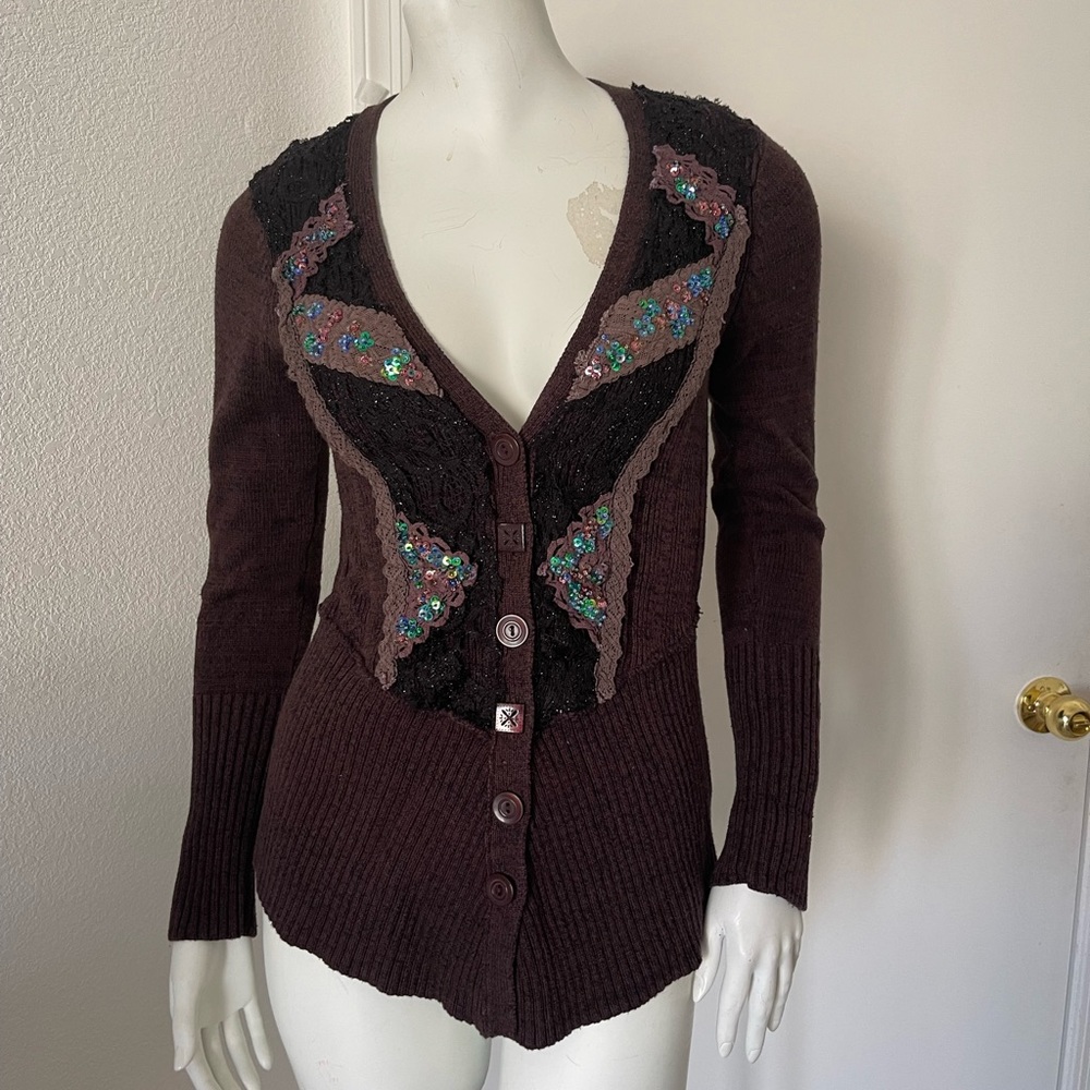 Free People Brown Silk & Cotton Blend Lace & Sequined Cardigan Size M